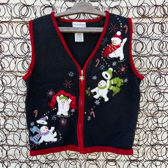 VTG Y2K White Stag Snowmen Ice Skating Beaded Christmas Ugly Sweater Vest MEDIUM - Picture 1 of 5